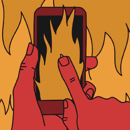 Animated gif of cartoon hands scrolling through a cellphone on fire.