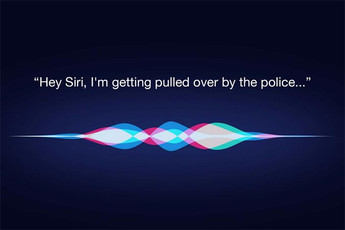Screenshot of the iOS Siri interface showing the shortcut voice command "Hey Siri, I'm getting pulled over."