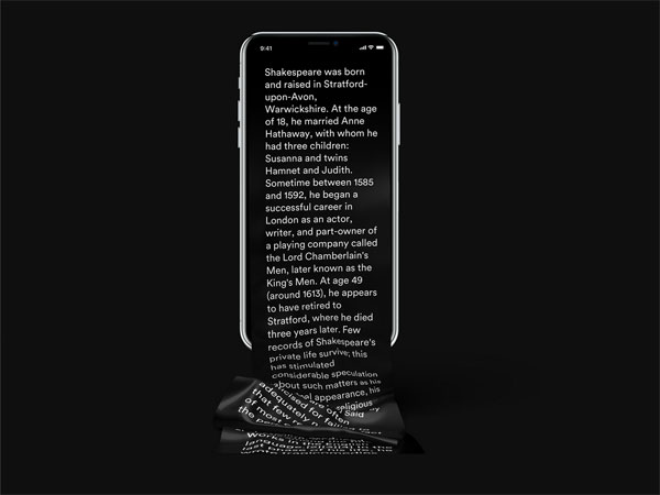 Mock up of Shakespeare infinite scrolling on an iPhone. The fabric of the text extends beyond the screen in a pile of fabric.