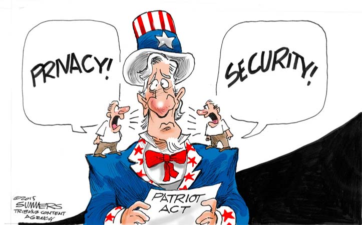 Political cartoon featuring Uncle Sam weighing the benefits of privacy and security.