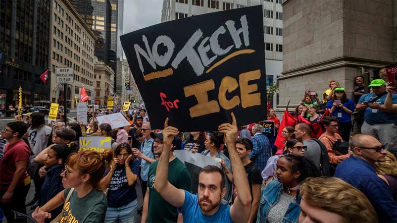 Image of protesters in New York holding signs that say "No Tech for ICE."